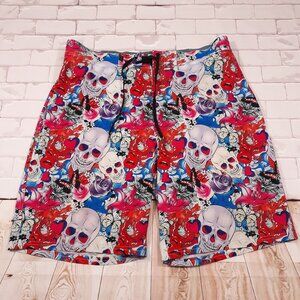 Hreski Swim Trunks Water Beach Shorts Mens Size 40 Skull Rose Grunge Red Blue